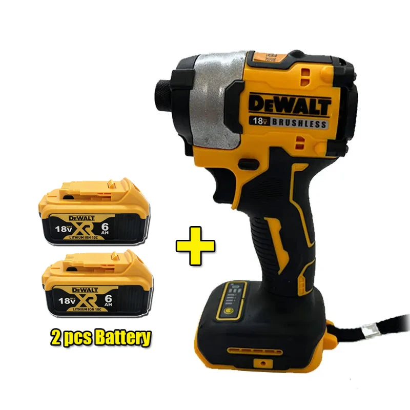 DEWALT brushless impact driver side view, yellow with LED