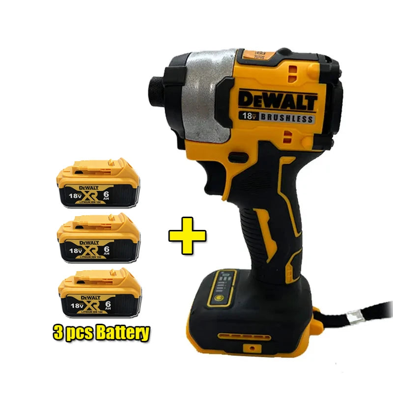 DEWALT brushless impact driver side view, yellow with batteries