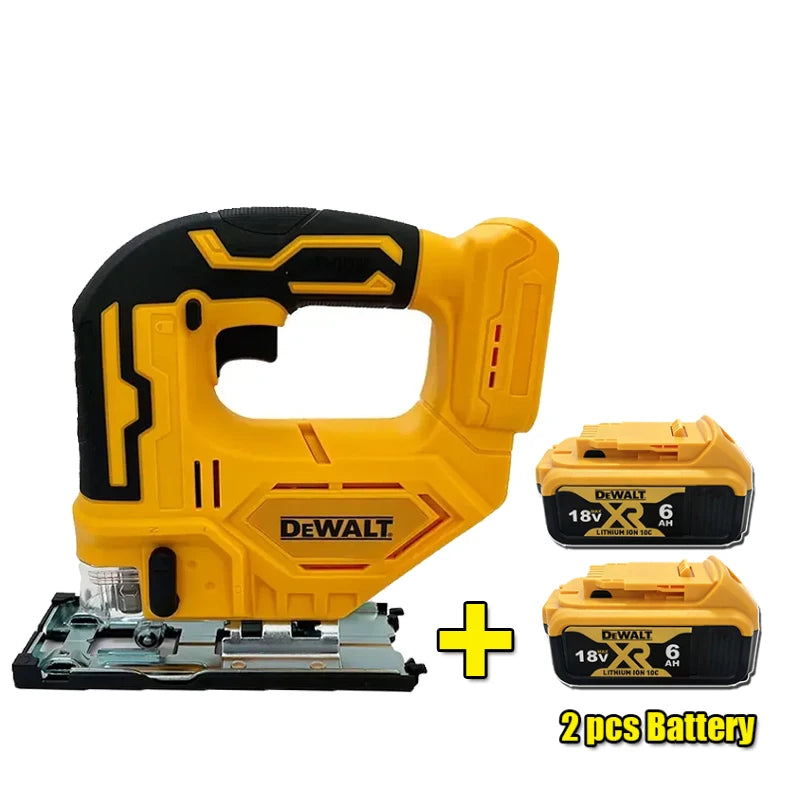 DEWALT brushless jigsaw front view, yellow with batteries