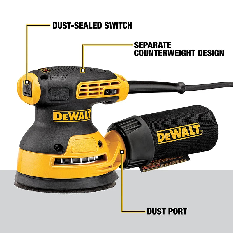 DeWalt DWE6423 dust collection detail, yellow and black variable speed control