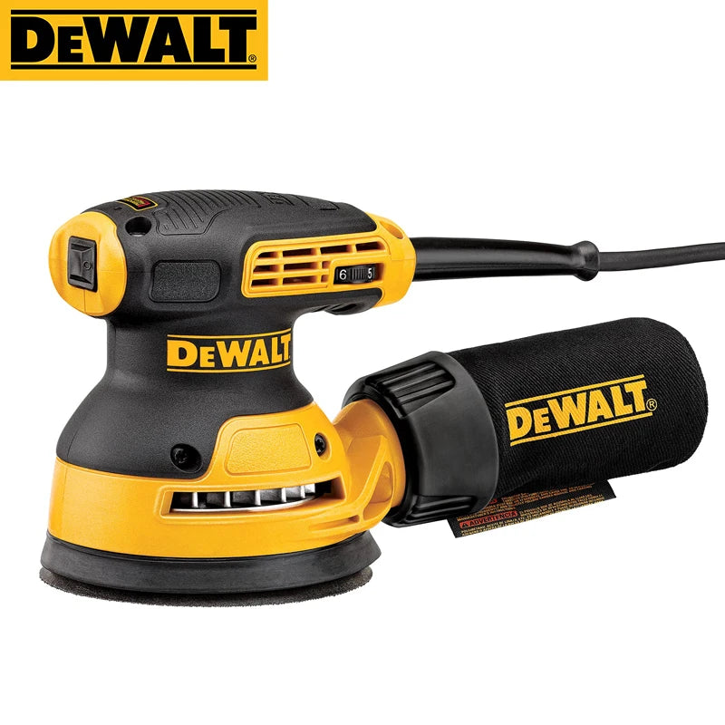 DeWalt DWE6423 sander front view, yellow and black variable speed