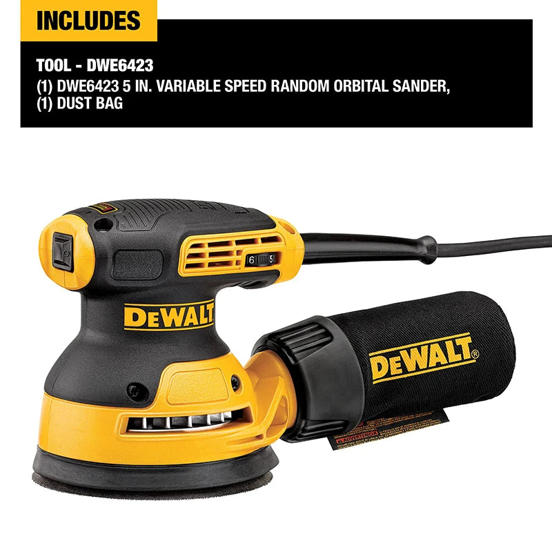 DeWalt DWE6423 hook-and-loop sander detail, yellow and black with dust collection