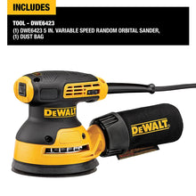 DeWalt DWE6423 hook-and-loop sander detail, yellow and black with dust collection