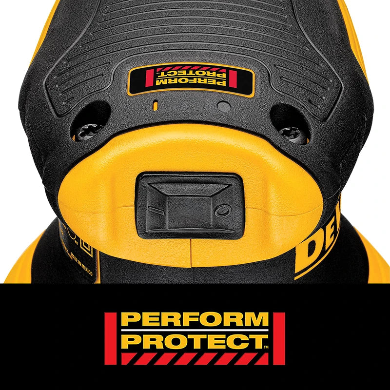 DeWalt DWE6423 perform protect label detail, black yellow and red