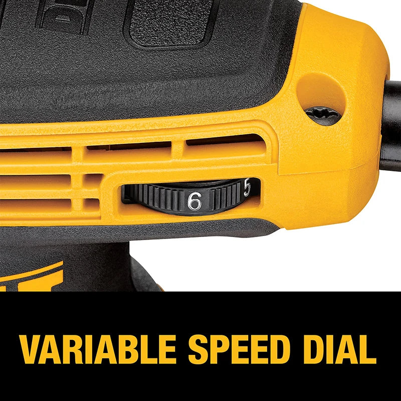 DeWalt DWE6423 variable speed dial close-up, black and yellow