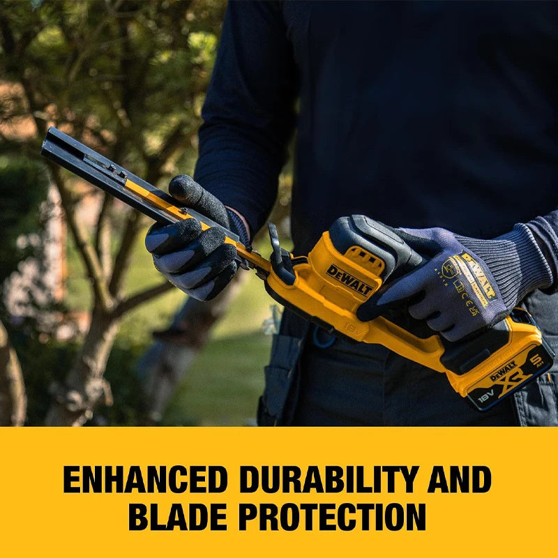 DEWALT hedge trimmer blade detail, close-up in yellow and black