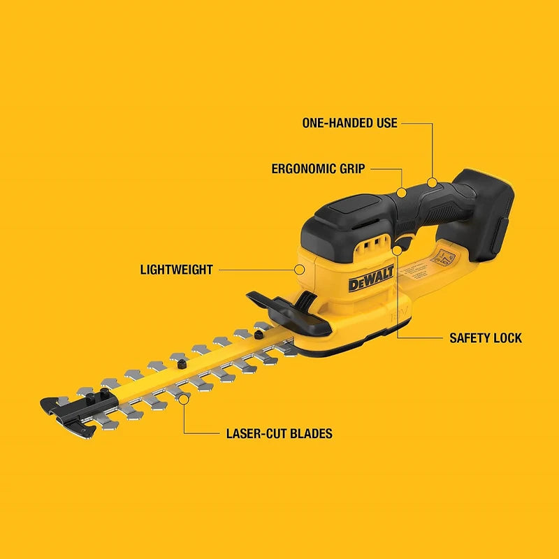 DEWALT hedge trimmer handle detail, ergonomic grip and 20cm blade