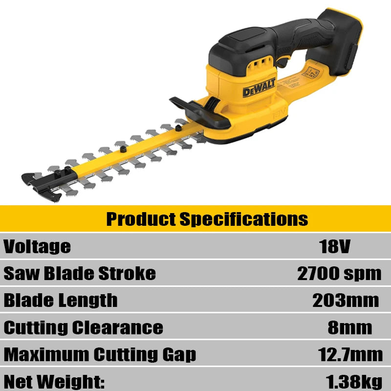 DEWALT hedge trimmer front view, cordless design with 20cm blade