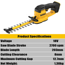 DEWALT hedge trimmer front view, cordless design with 20cm blade