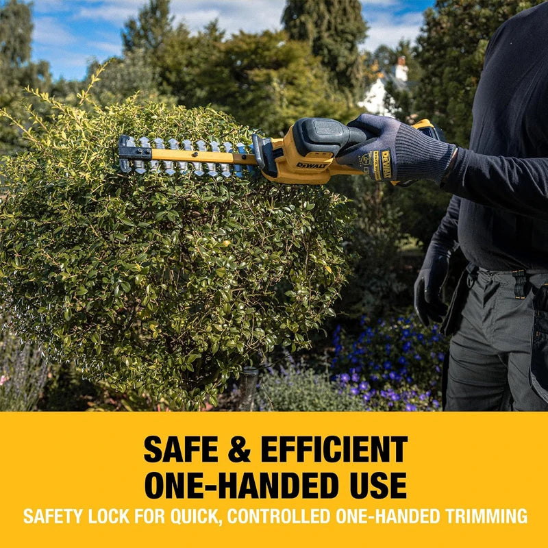 DEWALT hedge trimmer lifestyle use, ergonomic grip in outdoor setting