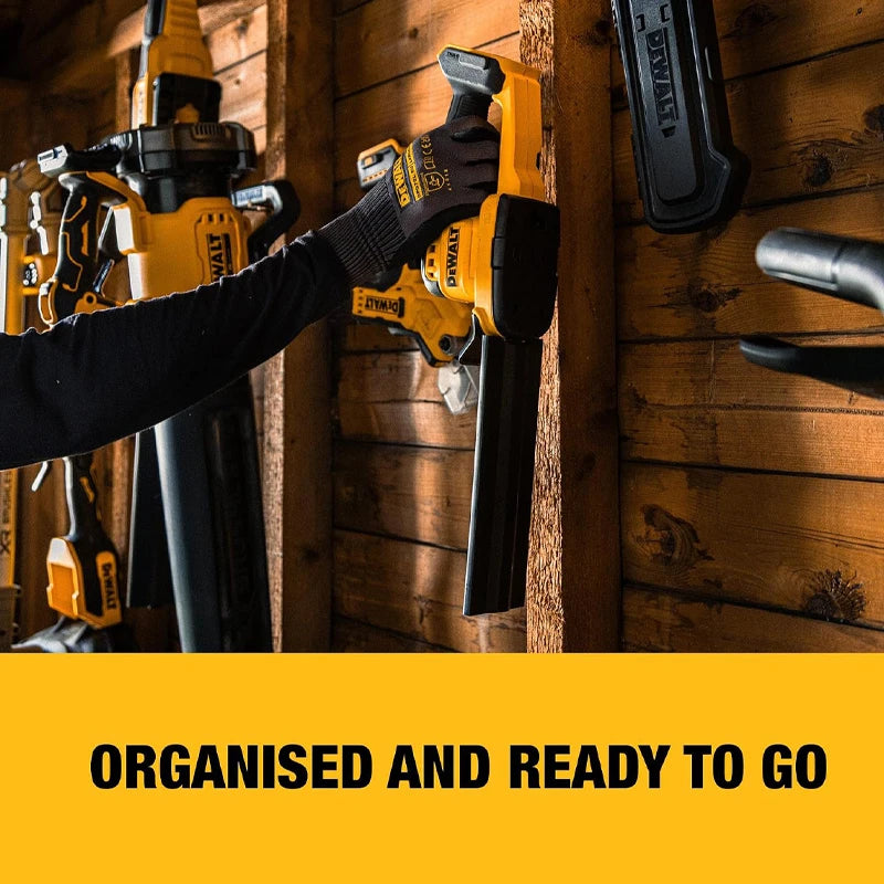 DEWALT tools organized display, yellow and black hedge trimmer ready