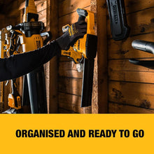 DEWALT tools organized display, yellow and black hedge trimmer ready