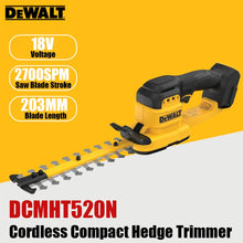 DEWALT hedge trimmer packaging, yellow and black with 20cm blade