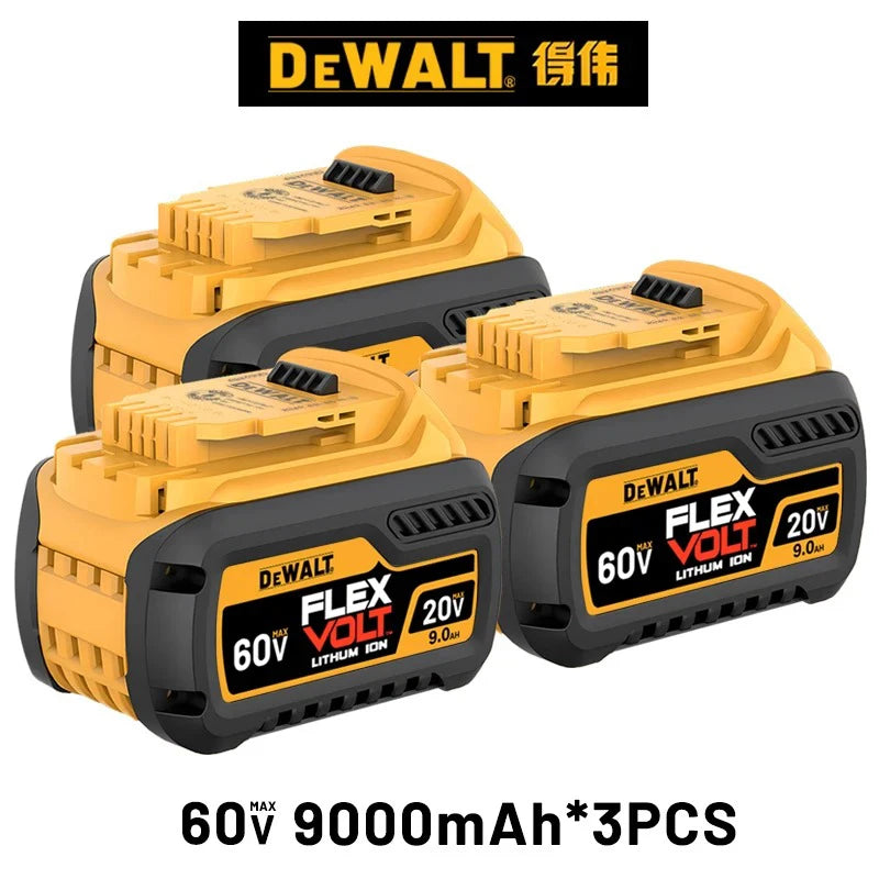 DeWALT 20V battery pack packaging, yellow and black, 60V 9000mAh three pieces