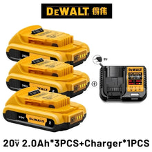 DeWALT 20V battery and charger set packaging, yellow and black, 2PCS 2.0Ah