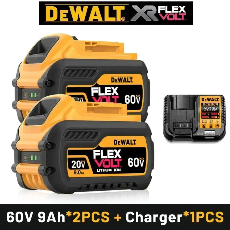 DeWalt 20V battery pack packaging, yellow and black, with charger