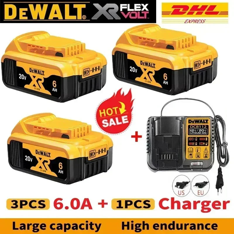 DeWalt battery pack packaging front view, yellow and black, large capacity