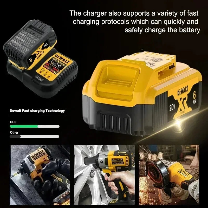 Dewalt 20V battery charger, yellow and black detail with safety features