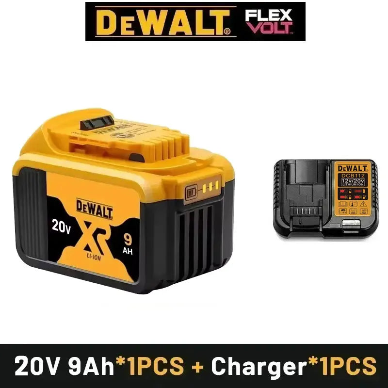 DeWalt 20V battery and charger lifestyle shot, yellow and black