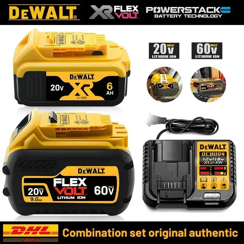 Dewalt 20V battery and charger set, yellow and black packaging, front view