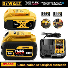 Dewalt 20V battery and charger set, yellow and black packaging, front view