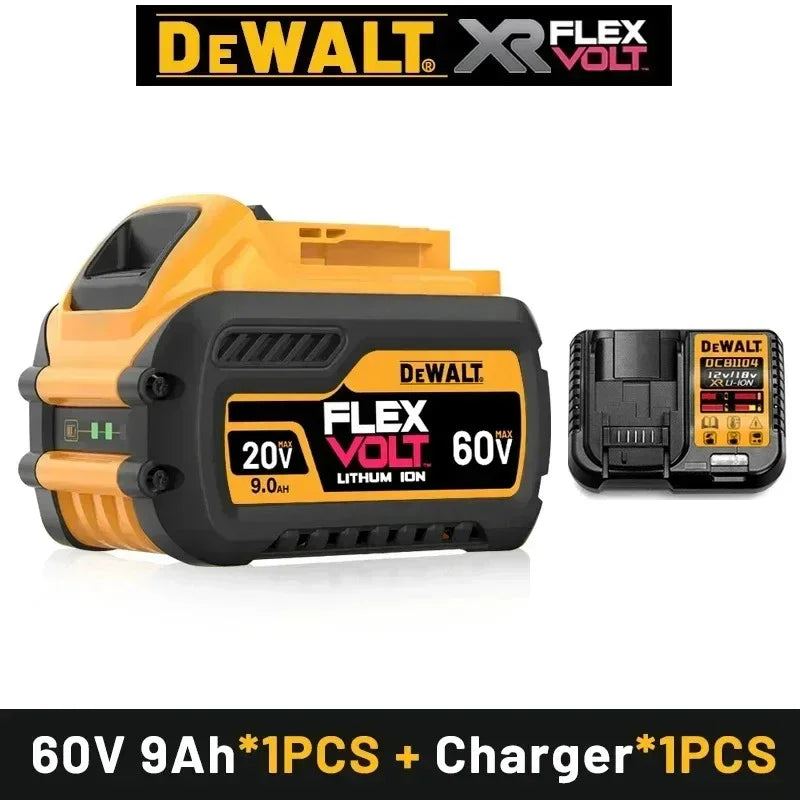 Battery and charger packaging front view, yellow and black, 20V
