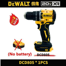 DeWALT cordless drill DCD805 front view in yellow and black, no battery included