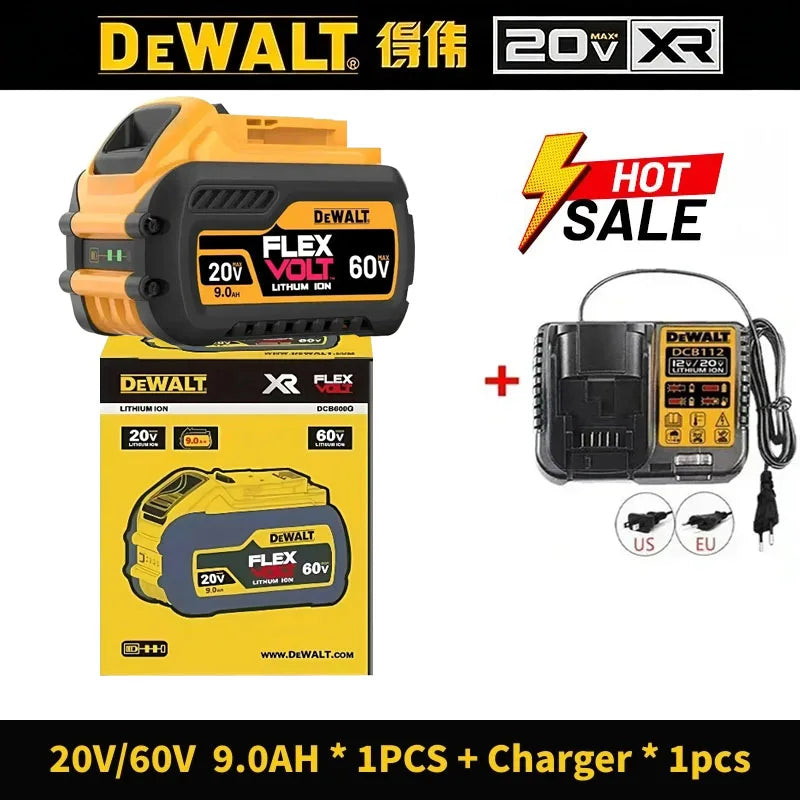 DeWALT 20V/60V FlexVolt battery packaging, yellow and black, 9000mAh