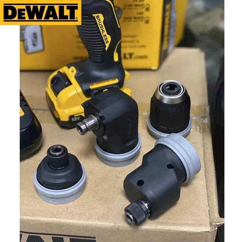 DEWALT drill attachments close-up, yellow and black labeled parts