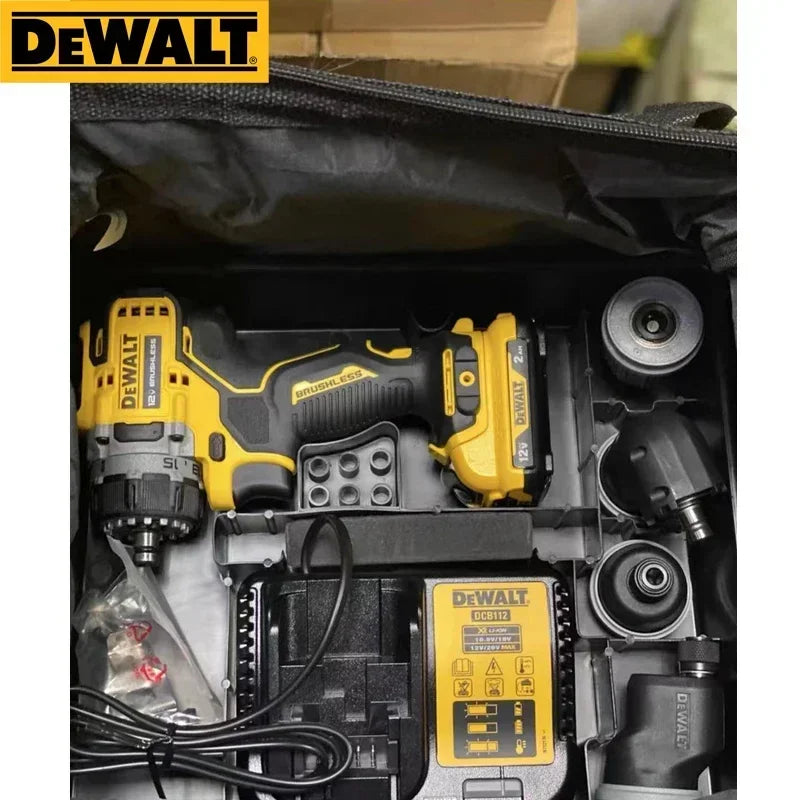 DEWALT drill kit contents in case, organized yellow and black