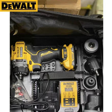 DEWALT drill kit contents in case, organized yellow and black