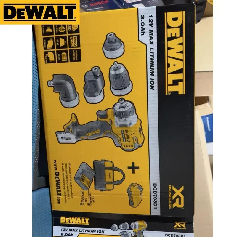 DEWALT tool kit packaging, yellow and black with instruction manual