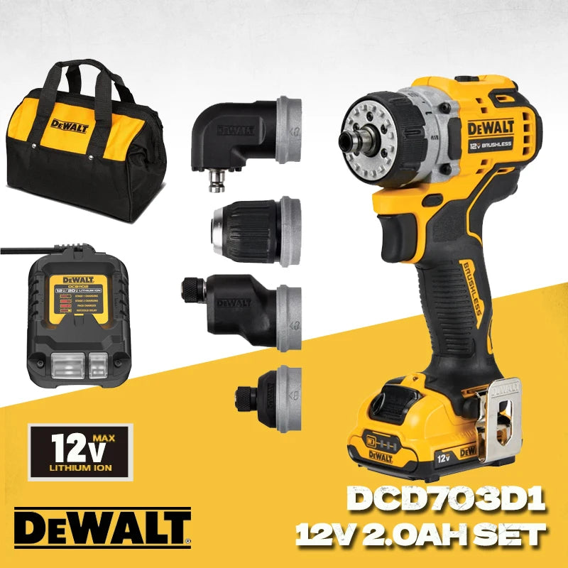 DEWALT drill kit lifestyle shot, yellow and black with accessories