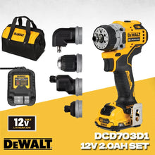 DEWALT drill kit lifestyle shot, yellow and black with accessories