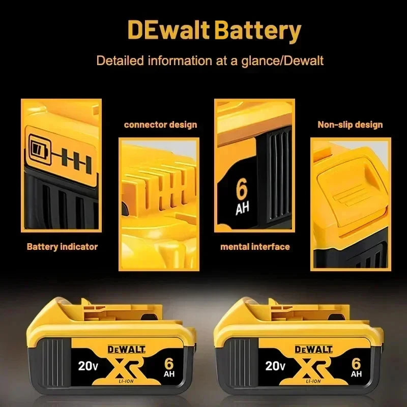 DEWALT battery ports view, yellow and black multiple angles