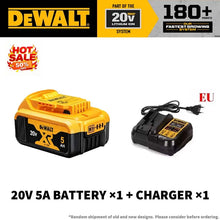 DEWALT 20V battery charger combo packaging, 5Ah battery and charger in yellow-black