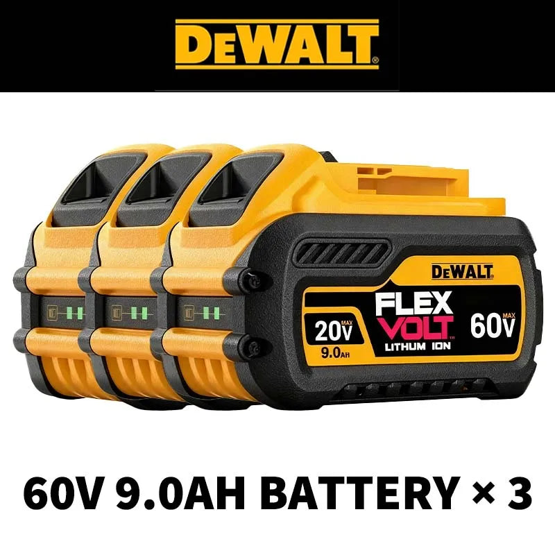 DEWALT 20V battery charger combo packaging, three 9Ah batteries on white background