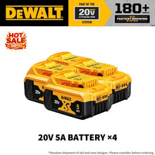 DEWALT 20V 5Ah battery pack packaging, four batteries in yellow and black
