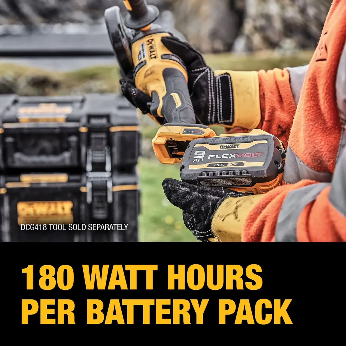 DEWALT FlexVolt battery lifestyle shot, black and orange pack