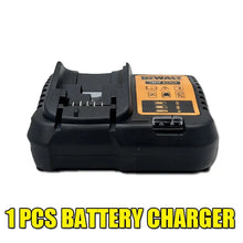 DEWALT battery charger detail, black and orange with dual slots and LED