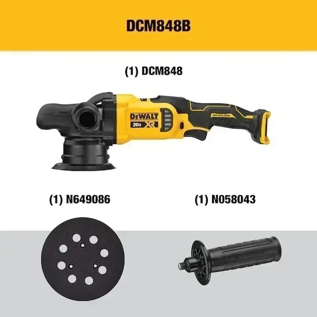 DEWALT DCM848 front view, black and yellow cordless polisher with guard