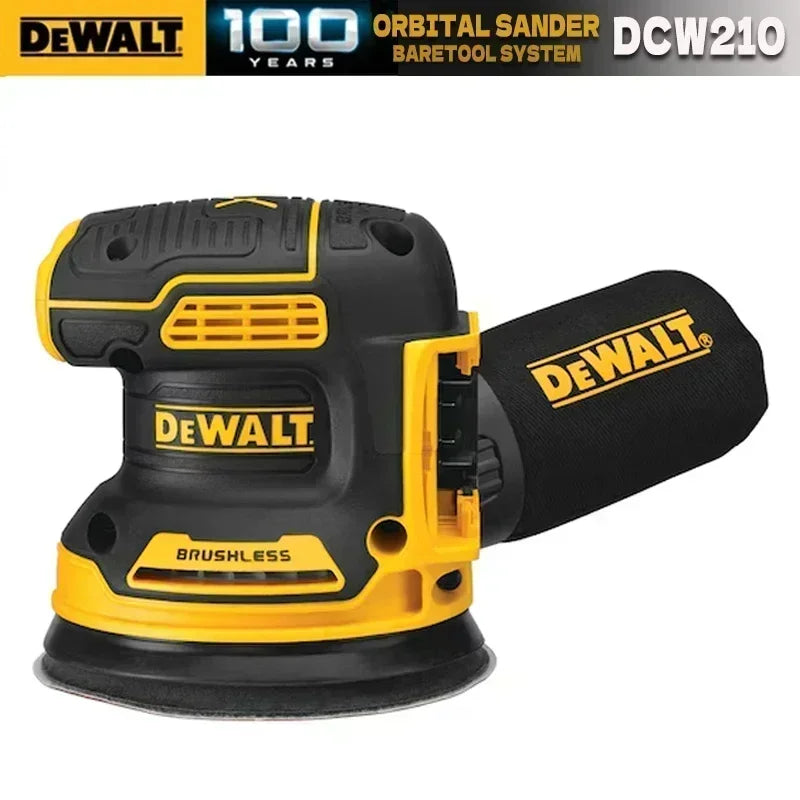 DEWALT DCW210 front view, yellow and black cordless orbital sander