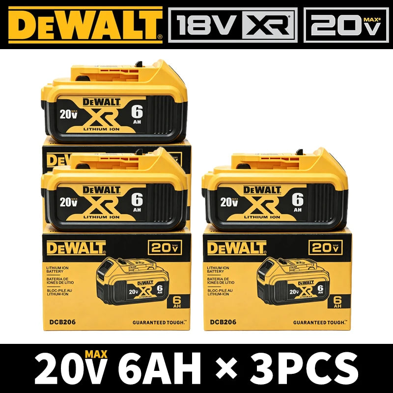 DEWALT XR 20V 6Ah battery packaging, yellow and black, 3 pieces