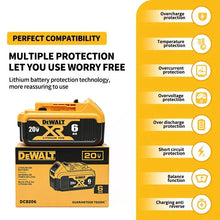 DEWALT XR 20V battery compatibility info, multiple protection features, yellow and black