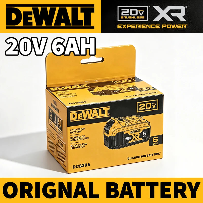 DEWALT XR 20V 6Ah battery packaging, yellow and black front view