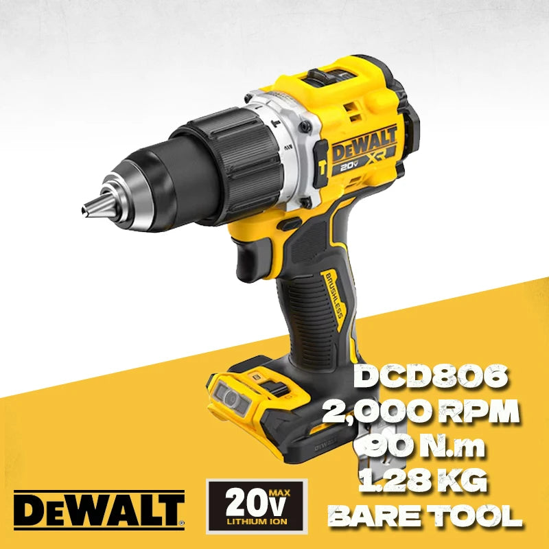 DEWALT DCD806 front view, yellow and black cordless hammer drill with LED light