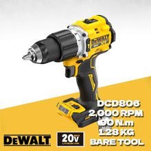 DEWALT DCD806 front view, yellow and black cordless hammer drill with LED light