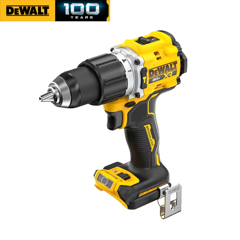 DEWALT DCD806 front view with metal chuck, yellow and black cordless hammer drill