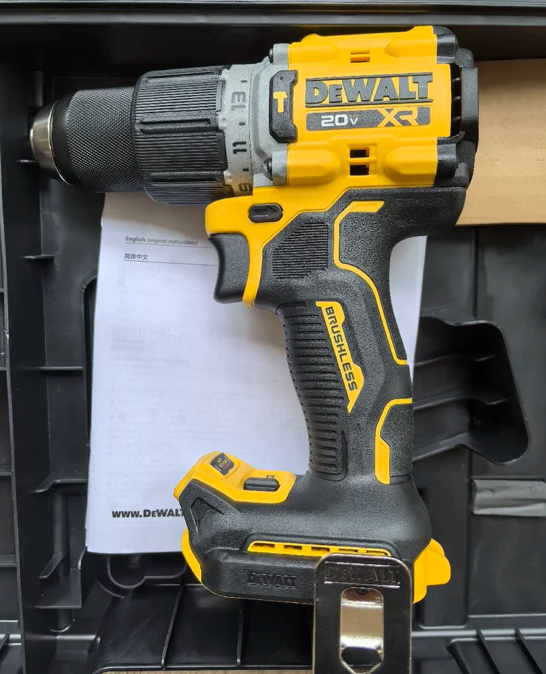 DEWALT DCD806 LED light detail close-up on yellow and black cordless hammer drill