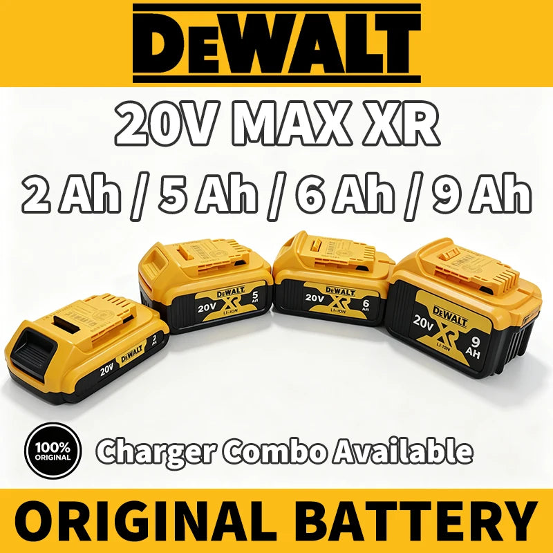 DEWALT 20V MAX XR batteries, yellow-black combo on white background